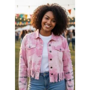 Street Blues 2XL Pink Tie Dye Cropped Denim Jacket Distressed Fringe Y2K Grunge